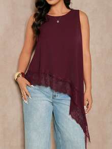 Juhart Plus Size Women's Lace Patchwork Halter Neck - Burgundy - View 3