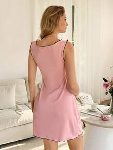 Moonlight&Mama BloomMama Casual Ribbed Fabric Contrast Color Ruffle Bow Decor Maternity Nightgown, Pink - Pink - View 2
