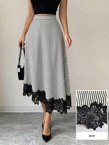 Modelyn Black & White Striped Ruffle Hem Asymmetric Hem Versatile Draping Women's Elegant Skirt - Black and White - View 3