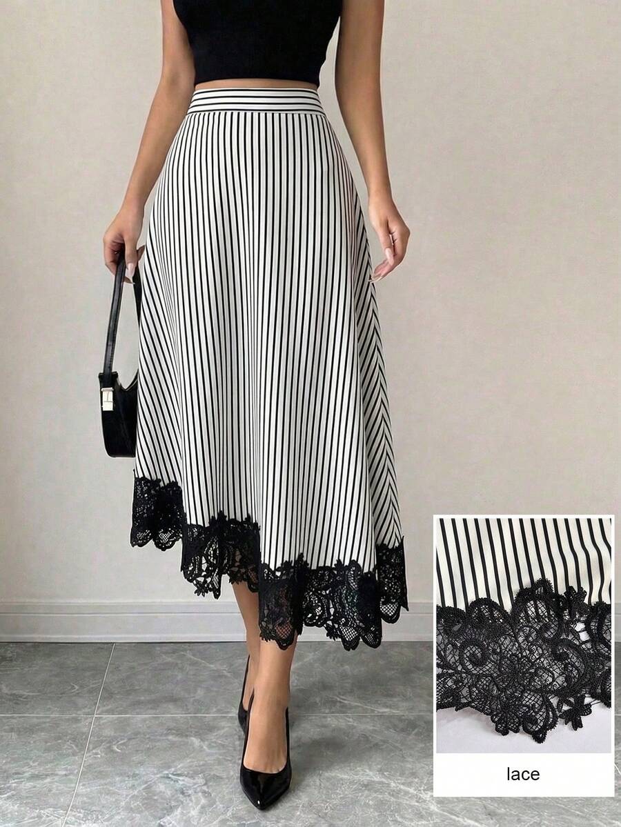 Modelyn Black & White Striped Ruffle Hem Asymmetric Hem Versatile Draping Women's Elegant Skirt Black And White Striped Skirt A-Line Skirt Womens Casual Skirt Striped Midi Skirt With Lace Trim Lace Skirt