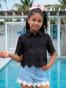 SHEIN Tween Girls' Vacation Casual Embroidered Short Sleeve Blouse - Black - View 1