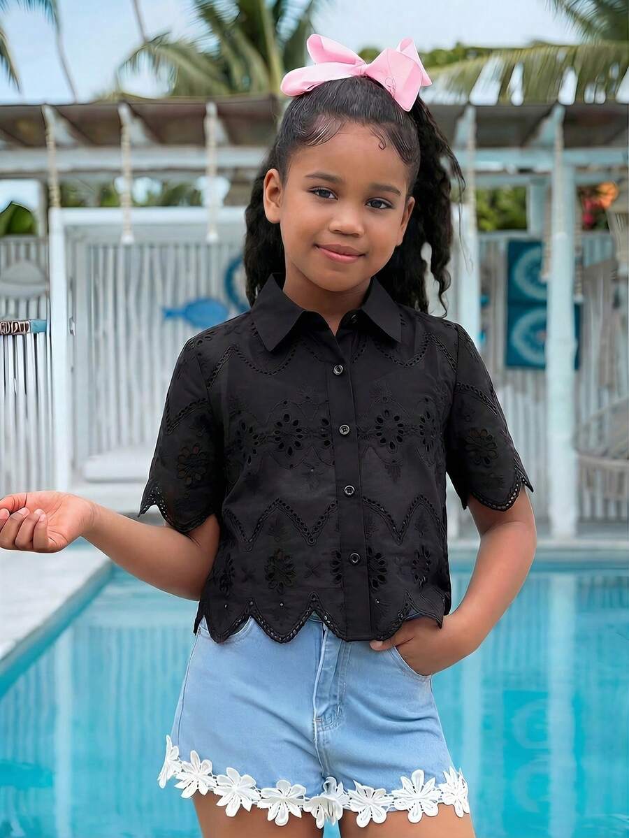 SHEIN Tween Girls' Vacation Casual Embroidered Short Sleeve Blouse - Black - View 1