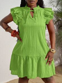 Slaydiva Vestido de talla grande de unicolor con cuello de corbata, mangas con volantes y dobladillo con volantes, vestido de verano - Verde - Ver 8