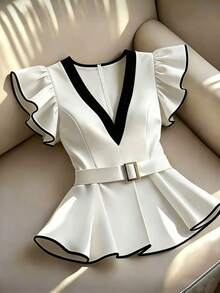 SHEIN Clasi 女士V领撞色短袖衬衫，优雅春夏度假装 - 黑與白 - 查看 1