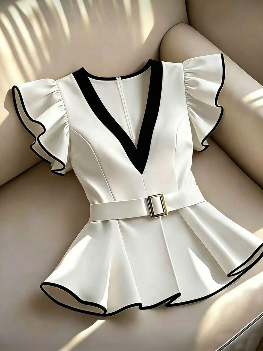 SHEIN Clasi 女士V领撞色短袖衬衫,优雅春夏度假装 - 黑與白 - 查看 1