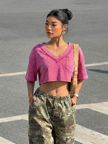 Muchica Rose Red V-Neck Knit Women's Cropped Pocket Casual Short Sleeve T-Shirt,Summer Top - Hot Pink - View 4