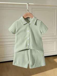 Souflis Souflis 0-3 Months Infant Boys' Light Blue Striped Green&White Waffle Knit Polo Shirt+Shorts 2-Piece Summer Casual Vacation Holiday Outfit For School Outings - Green - View 3