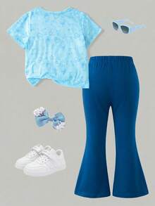 SHEIN 2pcs/Set Girls Casual Daily Blue Short Sleeve Bow T-Shirt And Blue Bell-Bottom Pants, Cute And Lively Summer Outfit - Blue - View 2