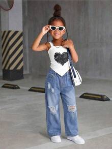 Girls' Casual Versatile Distressed Straight Leg Jeans - Dark Wash - View 3