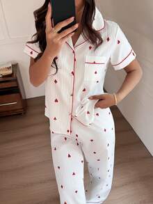 Napfluff Funny Playing Card Print Trim Short Sleeve Women Pajama Set - Red and White - View 6
