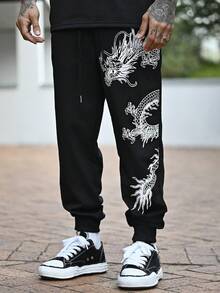 Devon Thys Men Dragon & Japanese Letter Graphic Drawstring Waist Sweatpants Street Wear Drawstring Sweatpants, For Husband, Boyfriend Gifts, For Rave - Black - View 5
