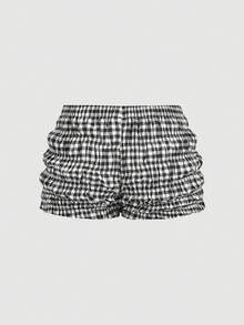 SHEIN MOD 女士无袖系带格子荷叶边下摆两件套，夏季 - 黑與白 - 查看 7