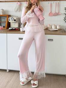 Sweet Ins Style Contrast Color Knit Women Pajama Set - Baby Pink - View 3