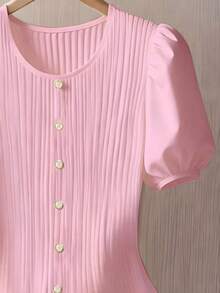 Franclia Áo thun nữ tay cánh hoa màu trơn, kiểu dáng thường ngày, thích hợp cho mùa hè. - Màu Hồng baby - Xem 3