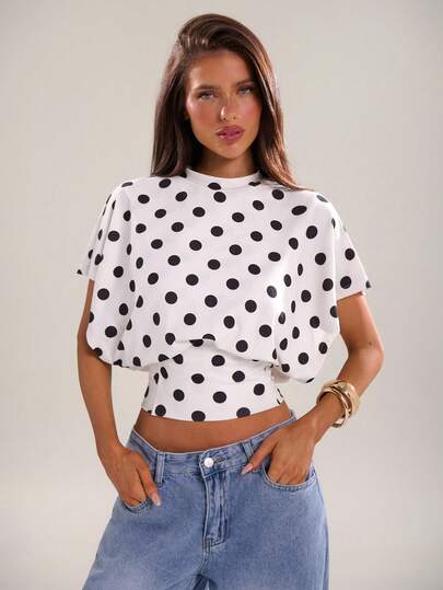 SHEIN BAE Women's Elegant Polka Dot Print Batwing Sleeve Cropped T-Shirt, Summer