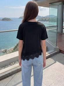 SHEIN 少女休闲纯色蕾丝拼接短袖T恤，夏季 - 黑色 - 查看 2