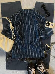SHEIN 女士休闲复古格子短袖衬衫，Polo领设计，休闲舒适，适合日常穿着、返校季，也可作为礼物送给朋友或搭配服装。 - 彩色 - 查看 2