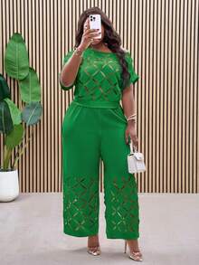 Slaydiva Conjunto de dos piezas de talla grande con bordado floral y hombros descubiertos, ligero y elegante para ocasiones festivas - Verde - Ver 3