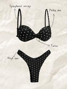 Swim Mod Springbreak Women Polka Dot Strappy Twist Knot Sexy Bikini Set, Summer Beachwear Outfit - Black and White - View 1
