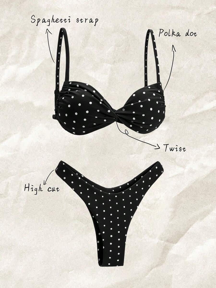 Swim Mod Springbreak Women Polka Dot Strappy Twist Knot Sexy Bikini Set, Summer Beachwear Outfit - Black and White - View 1