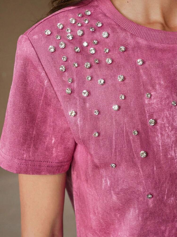 Women's Casual Sand Wash Rhinestone Embellished Pullover T-Shirt