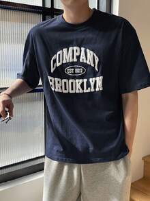 DAZY Men Letter Graphic Drop Shoulder Tee,Fall Clothes - Navy Blue - View 6