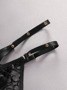 女士心形刺绣拼接金属扣水钻铆钉丁字裤 - 黑色 - 查看 3