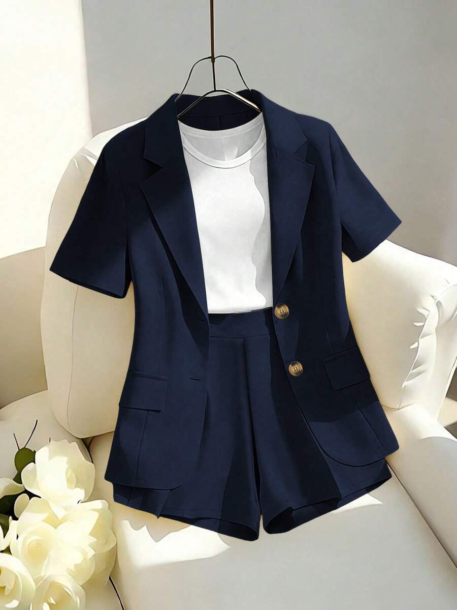 Franclia Tenue décontractée élégante pour le travail, comprenant une veste style blazer jaune à manches courtes et un ensemble short/pantalon large. Printemps/été pour femmes - Bleu marine - Voir 1