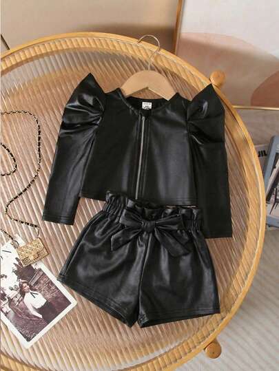 SHEIN 2 件装女婴时尚街头黑色 PU 皮革羊腿袖夹克和短裤套装，秋冬