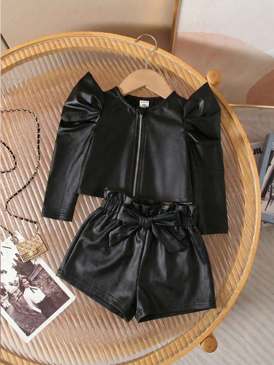 SHEIN 2 件装女婴时尚街头黑色 PU 皮革羊腿袖夹克和短裤套装，秋冬 - 卡其色 - 查看 1