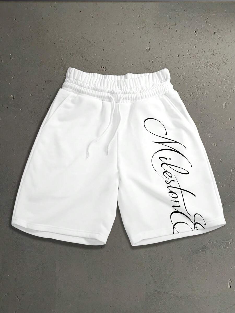 StoneGrade 复古美式手写英文字母标语印花男士标准腰带短裤，约会聚会必备，时尚单品，适合送给男友 - 白色 - 查看 1
