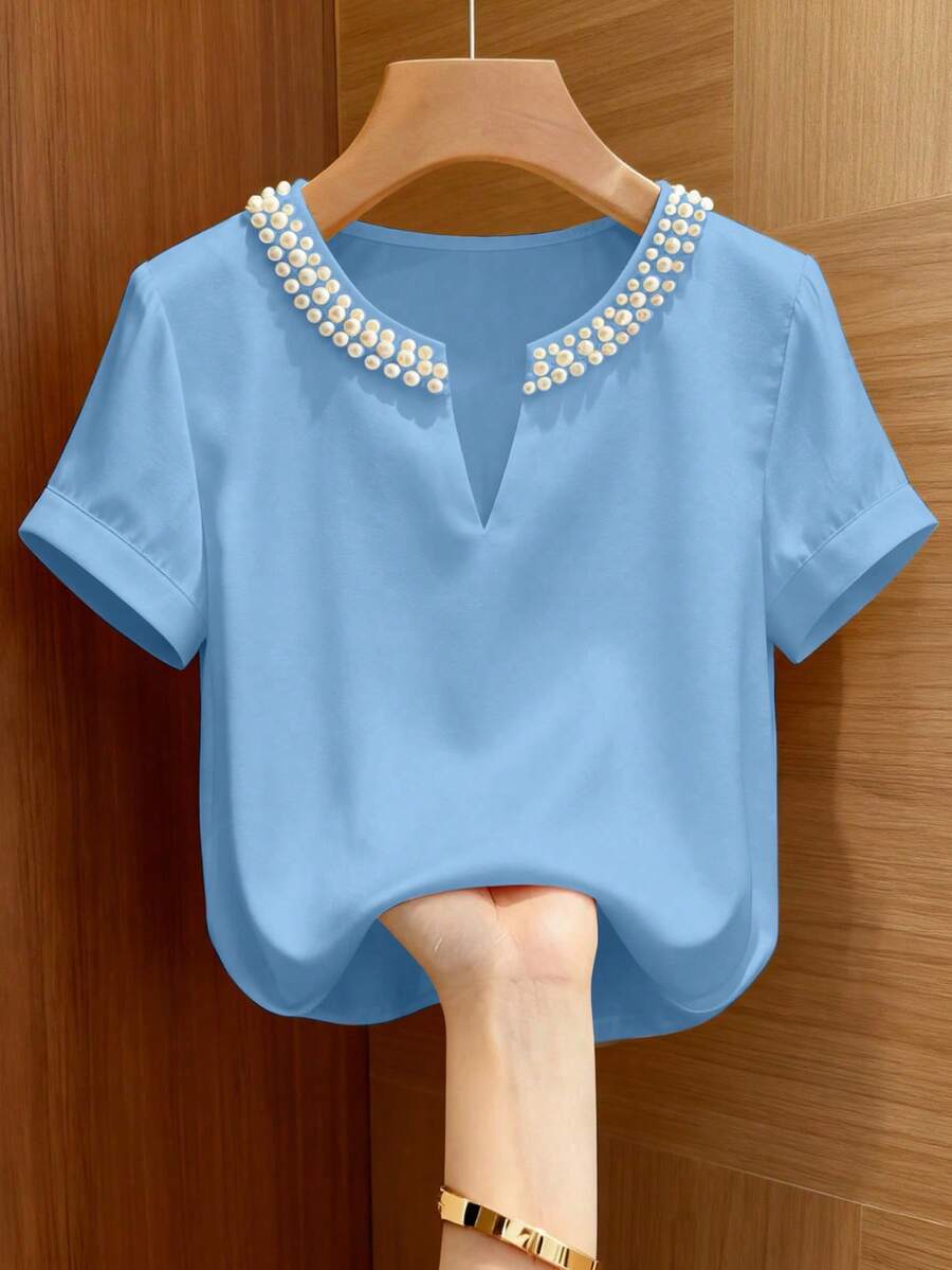 SHEIN LUNE 时尚新款法式纯色圆领开衩珍珠装饰套头短袖女式衬衫,春夏款 - 藍色 - 查看 1