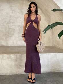 Aloruh Women's Backless Fitted Bodycon Dress, Sexy Wine Red Vacation Outfit, Suitable For Music Festival, Bohemian, Party, Ball - Burgundy - View 1