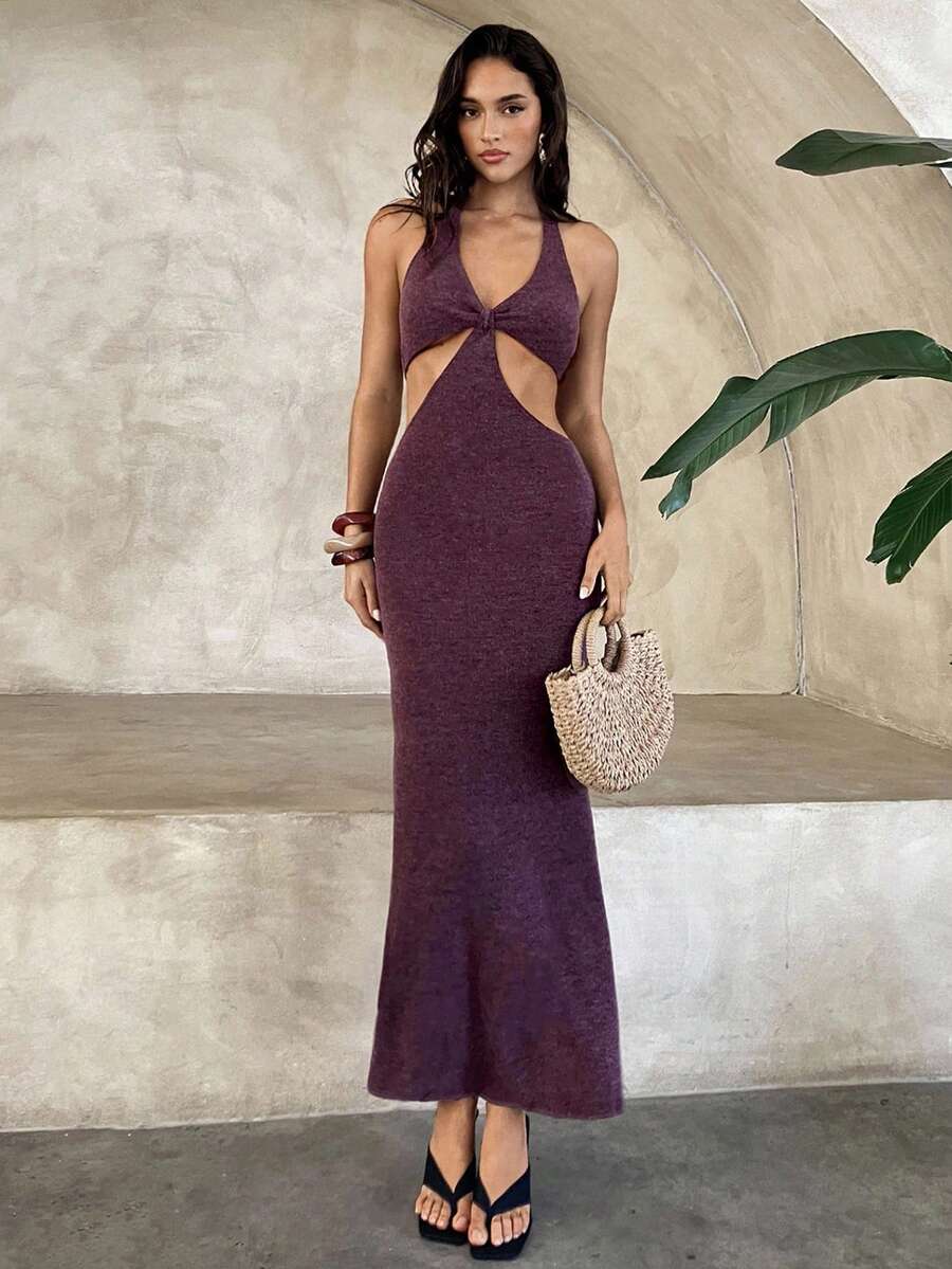 Aloruh Women's Backless Fitted Bodycon Dress, Sexy Wine Red Vacation Outfit, Suitable For Music Festival, Bohemian, Party, Ball - Burgundy - View 1
