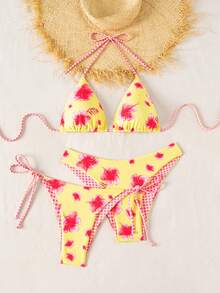 Swim Vcay 2025 Summer Beach Women's Solid Color Halter Backless Tie Top + Knotted Triangle Top + Triangle Bottoms 3-Piece Bikini Set Set - Multicolor - View 3
