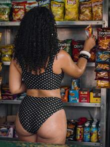Swim Mod Plus Size Summer Vacation Beach Polka Dot Print Ruffle Trim Bikini Set - Black and White - View 7