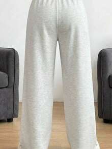 SHEIN Tween Girls' Loose Casual Minimalist Comfortable Mid-Waist Contrast Color Drawstring Decor Printed Sweatpants - Grey - View 3