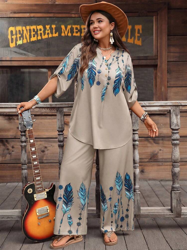 Plus Size Minimalist Printed Short Sleeve Top And Pants 2 Pieces Set