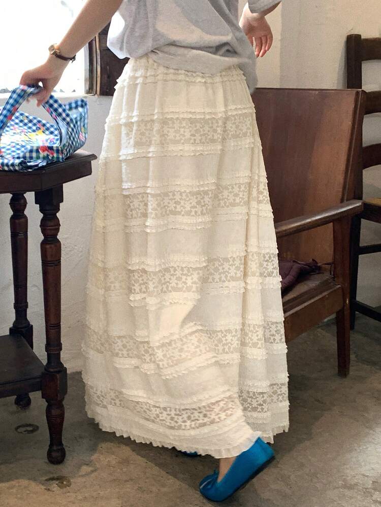 Striped Lace Trim Elastic Waist Skirt, Casual Vacation Summer Long Skirt For Women
