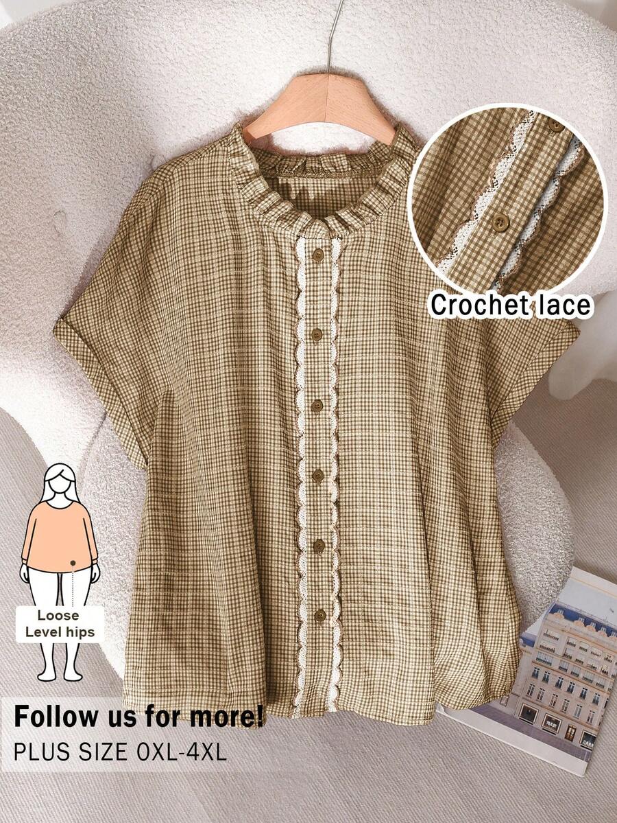 CosyJoli Plus Size Women Floral Lace Trim Blouse, Batwing Sleeve Loose Shirt, Button Down Shirt, Plaid Shirt, Casual Spring/Summer Clothing For Ladies - Brown - View 1