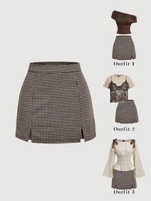 SHEIN MOD 女士千鸟格开衩下摆休闲阔腿裤 - 棕色 - 查看 1