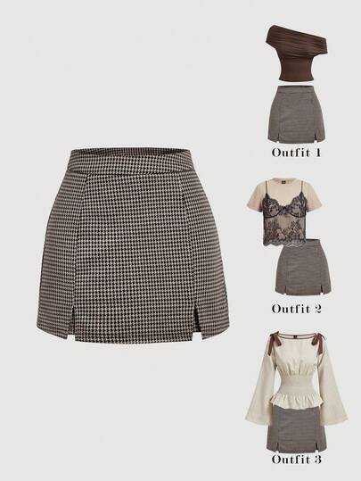 SHEIN MOD 女士千鸟格开衩下摆休闲阔腿裤