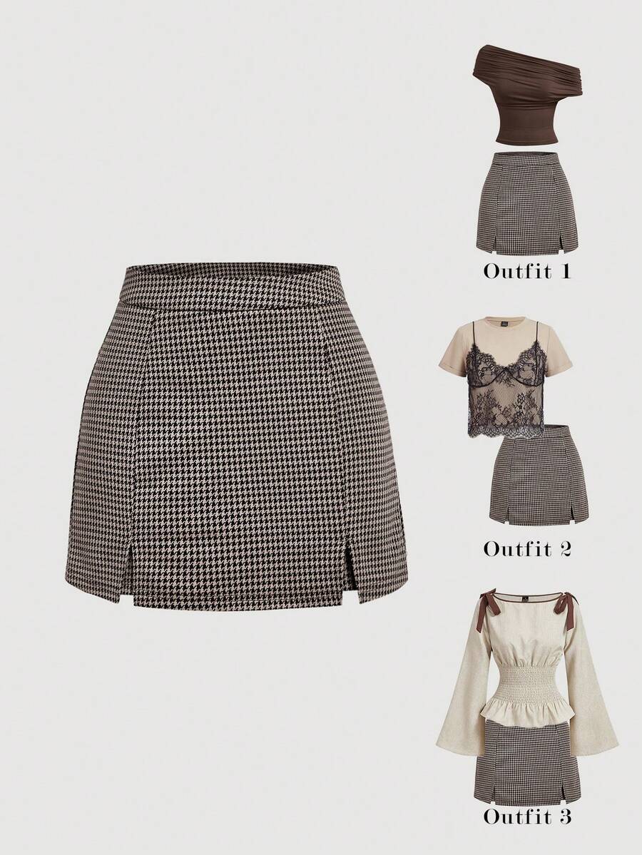 SHEIN MOD 女士千鸟格开衩下摆休闲阔腿裤 - 棕色 - 查看 1