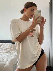 Livesso 女士休闲可爱腊肠犬印花圆领短袖T恤 - 米色 - 查看 3