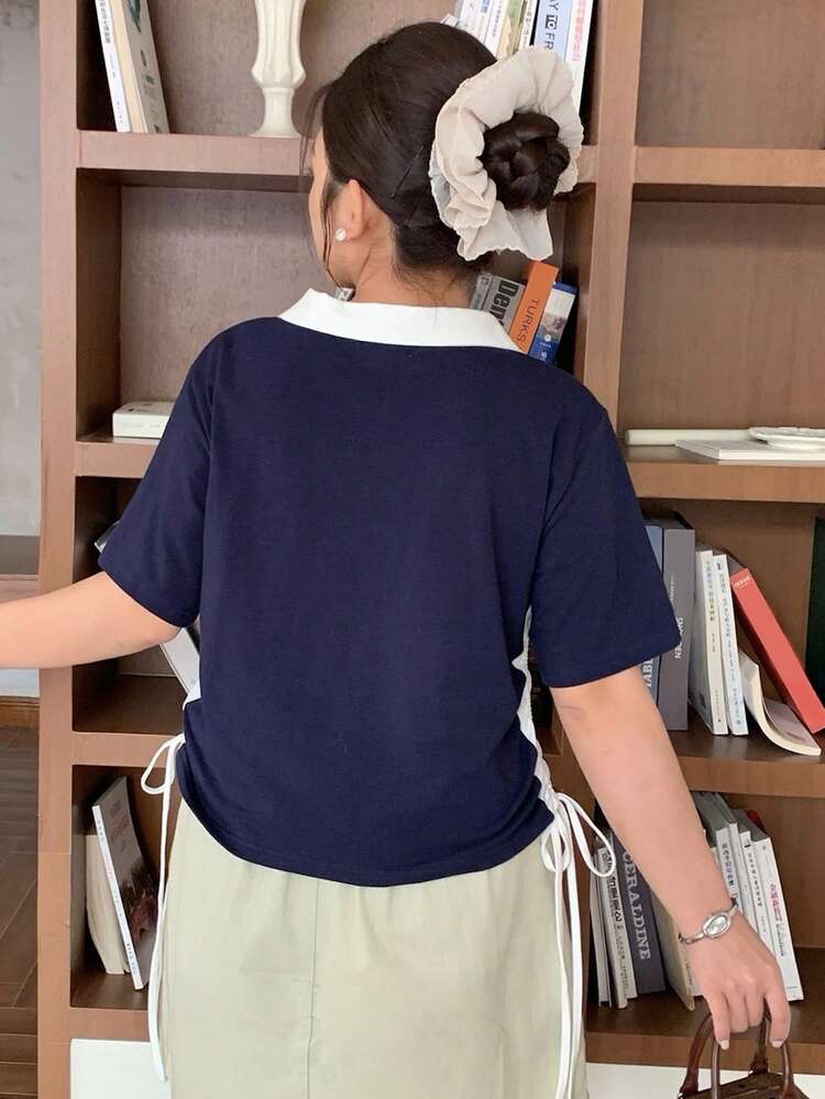 Dazy Plus Contrast Color Block V-Neck Letter Print Casual Plus Size T-Shirt For Women, Spring/Summer