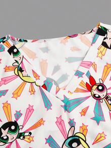 PopScrub THE POWERPUFF GIRLS X SHEIN Atasan Seragam Medis Wanita Model Leher V Motif Bintang Warna-warni Musim Panas | Seragam Kolaborasi Cartoon IP - MultiWarna - View 6