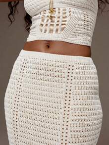 MUSERA Crochet Knit Fitted Cami Top And Maxi Skirt Set Co-Ord Spring Summer Holiday Vacation Beach Ibiza Festival Party Elegant Divinity - White - View 6