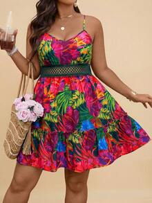 Travachic Đầm ngắn hai dây dành cho nữ, dáng chữ A thắt eo, họa tiết cây nhiệt đới, thiết kế khoét rỗng, viền bèo nhún, thanh lịch cho mặc hàng ngày và đi nghỉ mát, mùa xuân/hè. - Nhiều màu - Xem 5