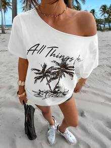 Muchica 新款热带印花休闲宽松单肩女式T恤 - 白色 - 查看 7