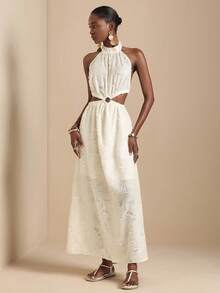Lyxana Women's Off-White Textured Jacquard Fabric Halter Backless Cinched Waist Back Design Metal Ring Hollow Out A-Line Dress Sexy Elegant Tropical Vacation - Apricot - View 7